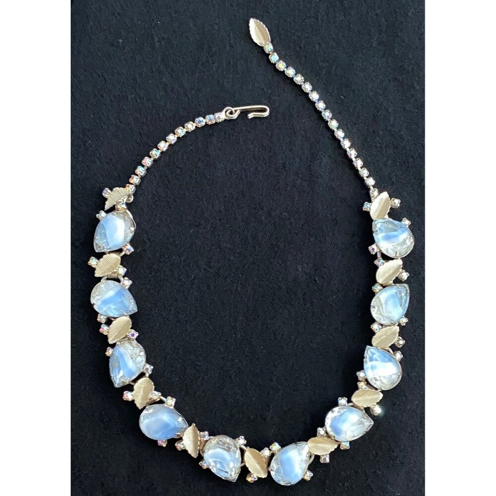 HOBE Necklace, Faceted Ice Moonstone Teardrops,Rhinestone’s. Stunning. VTG